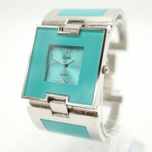 Vivah Womens Teal Blue Square Watch 35mm Art Deco Metal Bracelet w New Battery